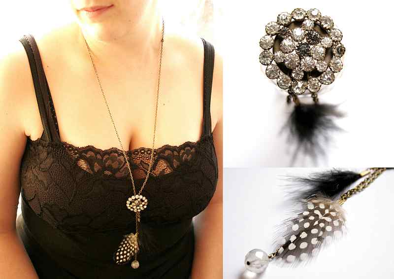 vintage button and feathers necklace
