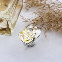 ARANYHEGY - hullámzó ezüst gyűrű kékfestő mintával, aranyozással és gyöngyökkel - EGYETLEN DARAB, 55-ÖS MÉRET